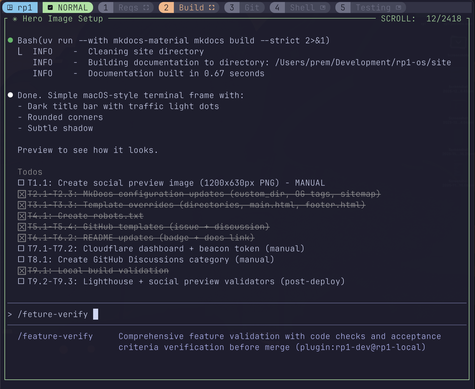 rp1 feature workflow showing requirements, design, and build commands